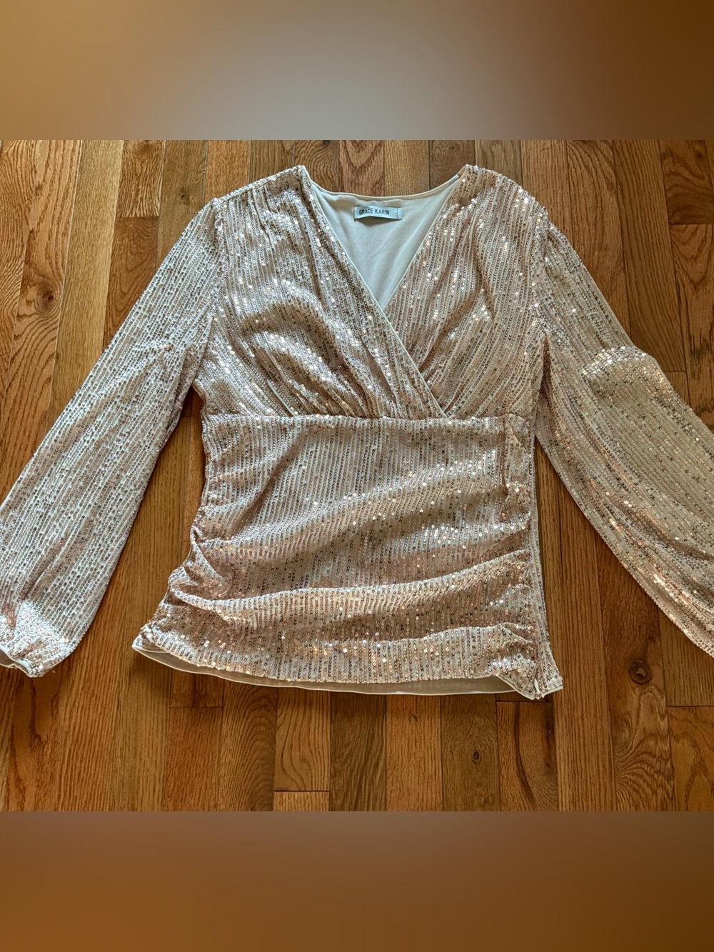 Grace Karin Sz L Rose Gold Long Puff Sleeves Sequin Wrap Blouse Lt Apricot Exc